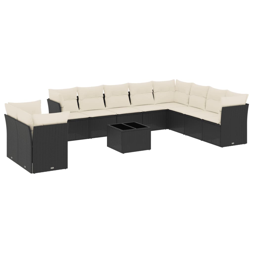 11-delige Loungeset met kussens poly rattan zwart Zwart en crème