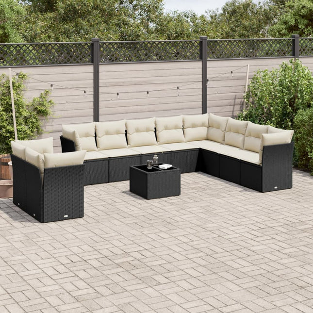 11-delige Loungeset met kussens poly rattan zwart Zwart en crème