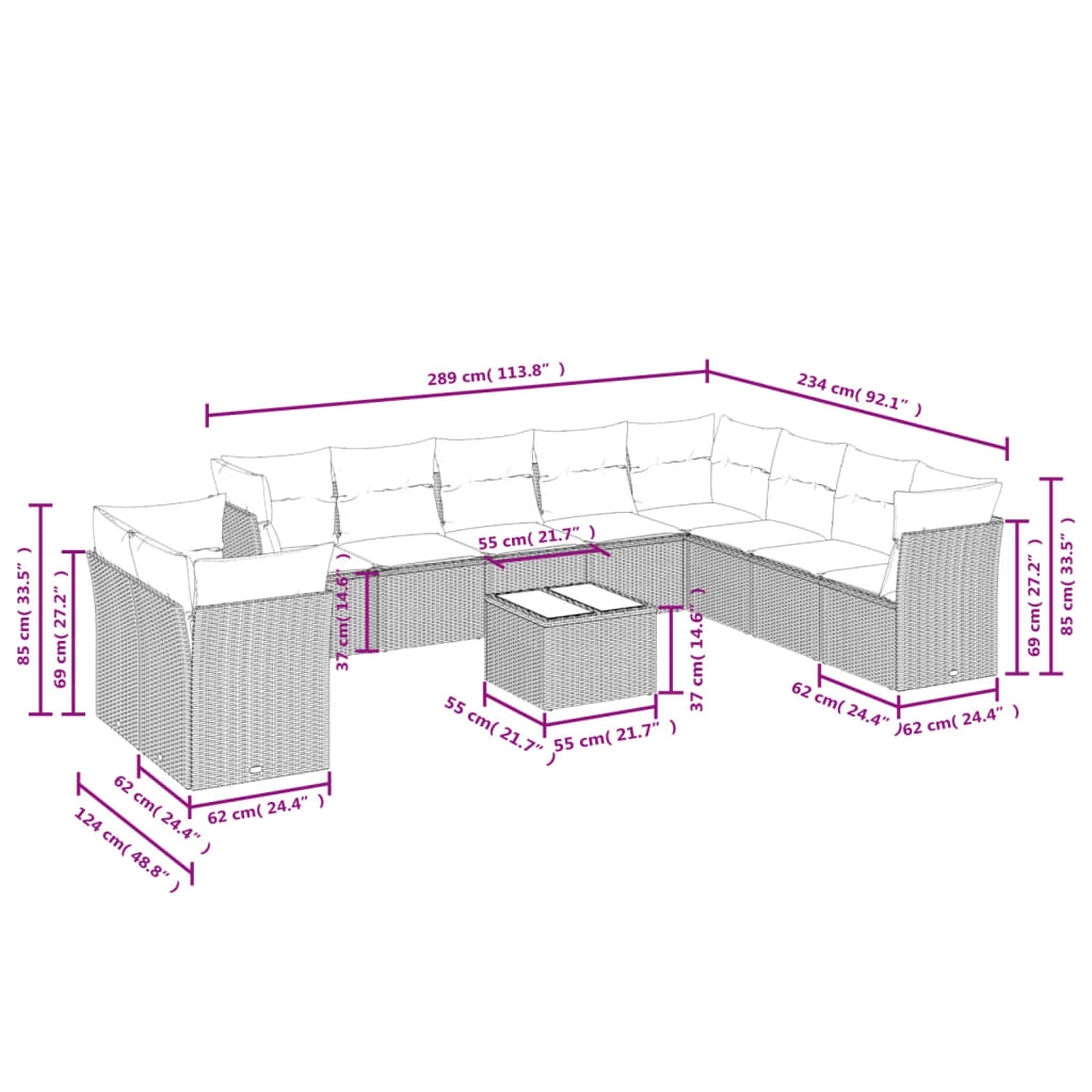 11-delige Loungeset met kussens poly rattan lichtgrijs