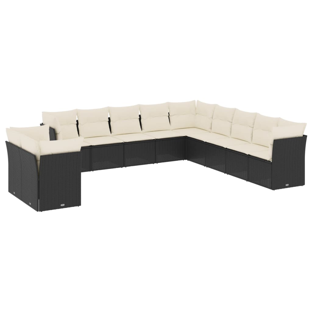11-delige Loungeset met kussens poly rattan zwart Zwart en crème Zonder tafel