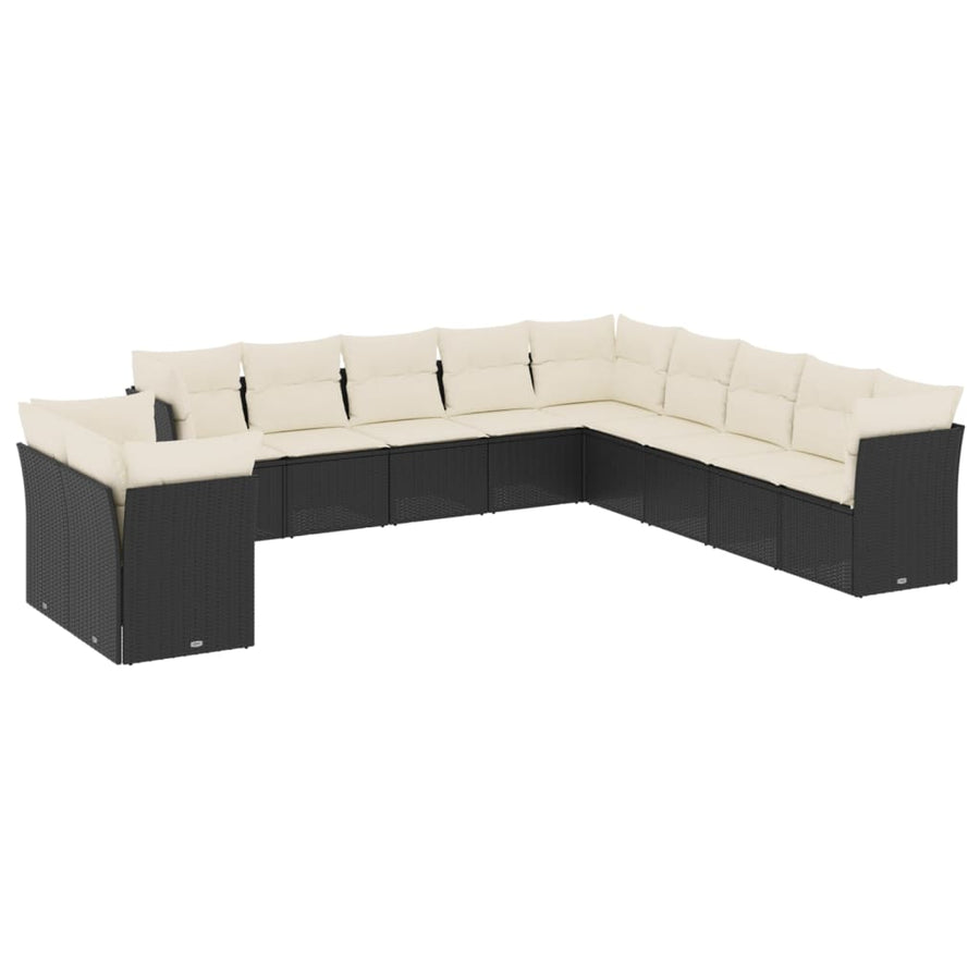 11-delige Loungeset met kussens poly rattan zwart Zwart en crème Zonder tafel