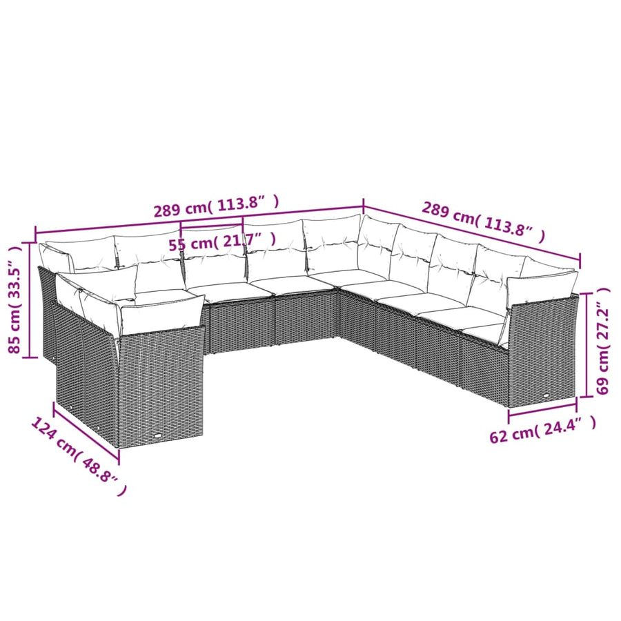 11-delige Loungeset met kussens poly rattan bruin Bruin en crème Zonder tafel