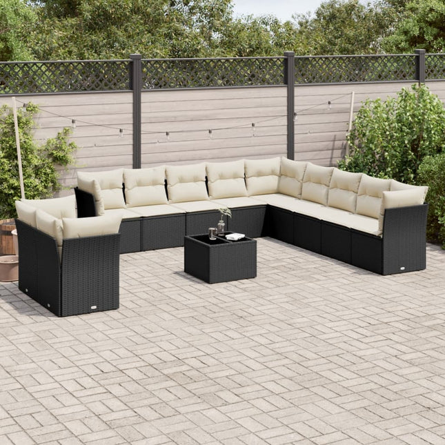 12-delige Loungeset met kussens poly rattan zwart Zwart en crème