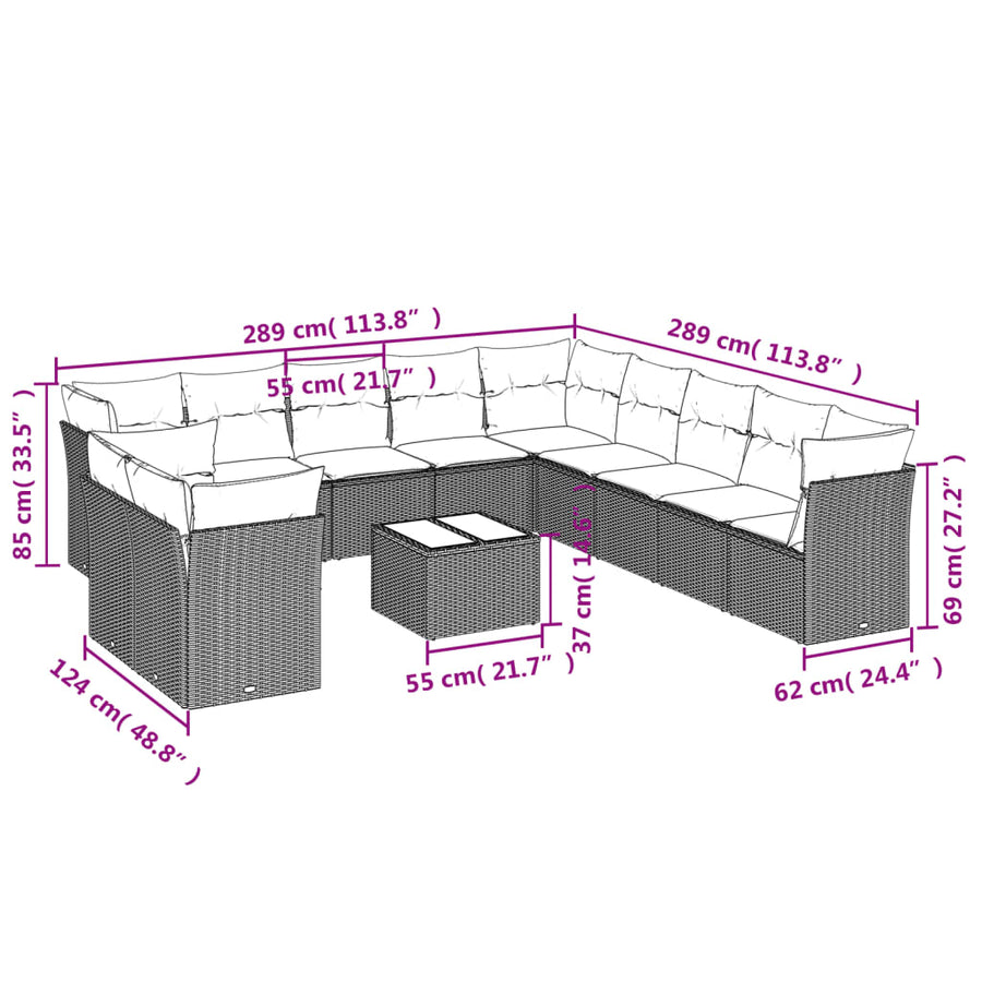 12-Delige Loungeset Met Kussens Poly Rattan Beige