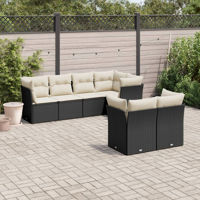 7-delige Loungeset met kussens poly rattan zwart Zwart en crème