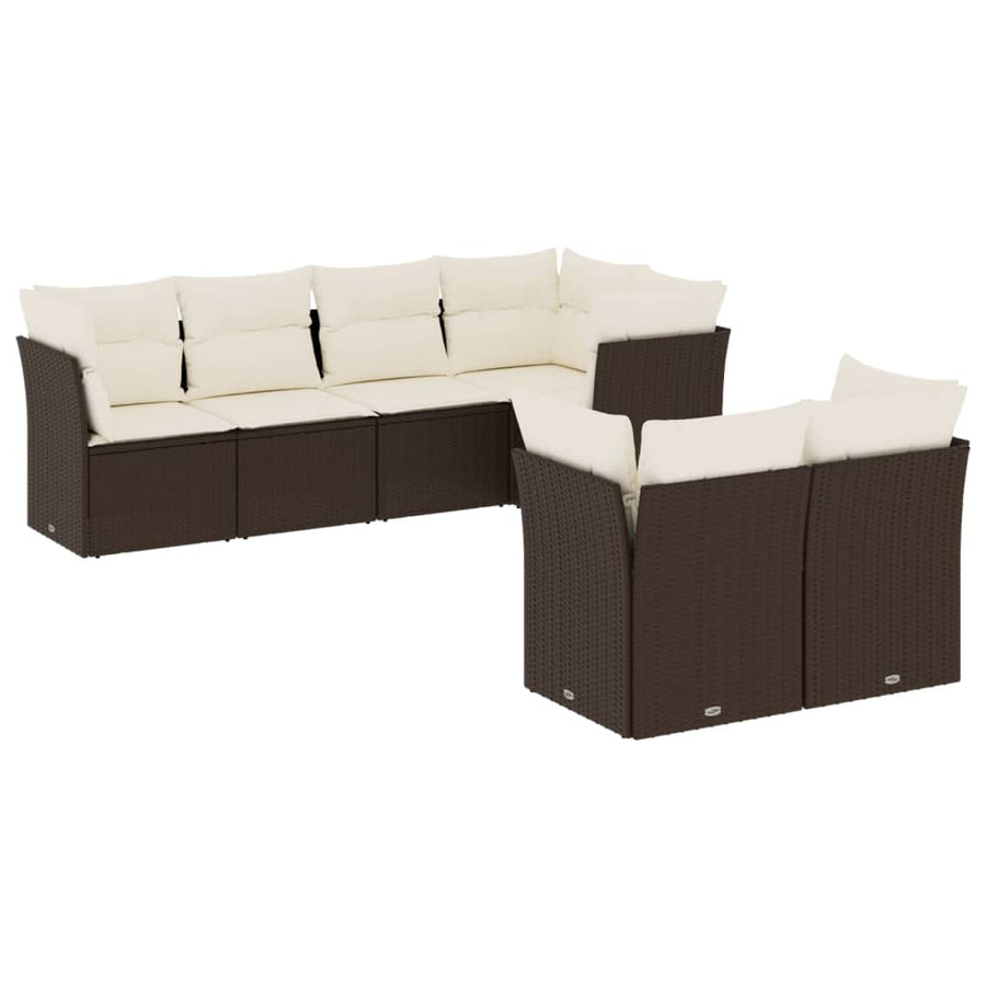 7-delige Loungeset met kussens poly rattan bruin Bruin en crème
