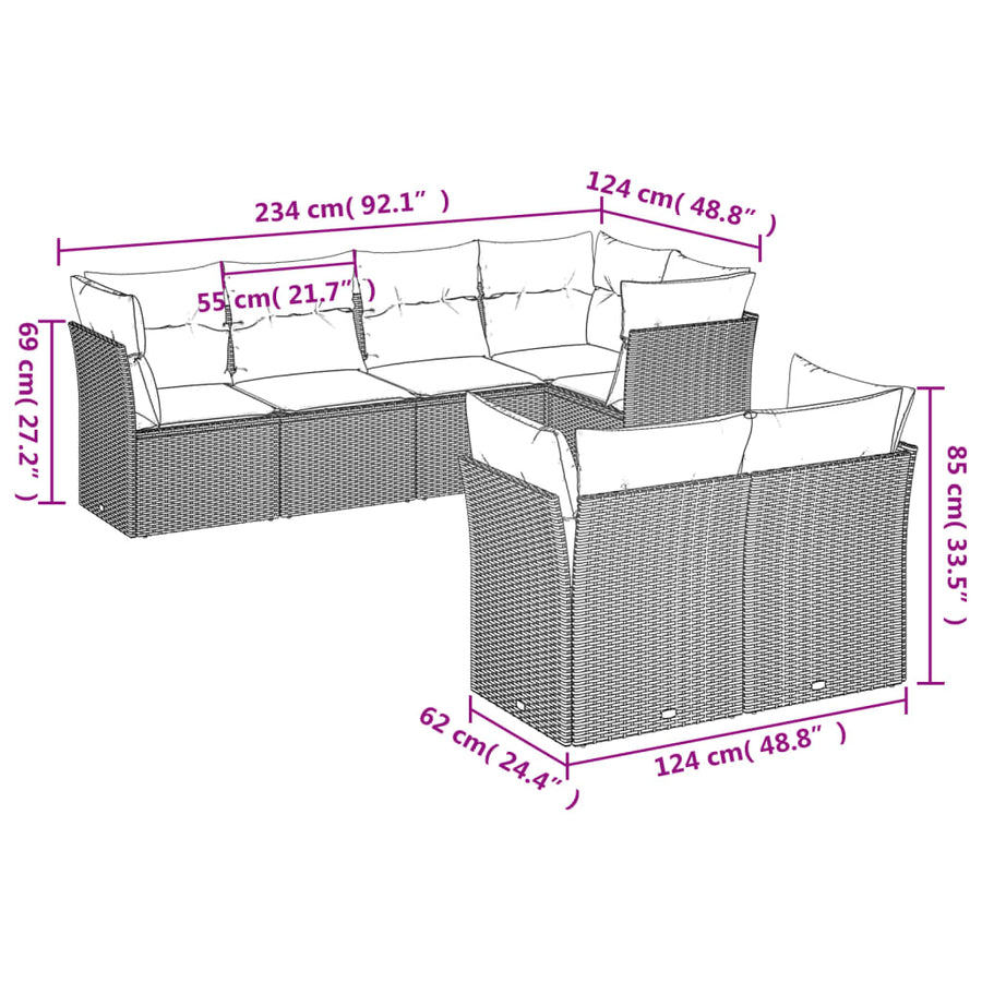7-delige Loungeset met kussens poly rattan bruin Bruin en crème