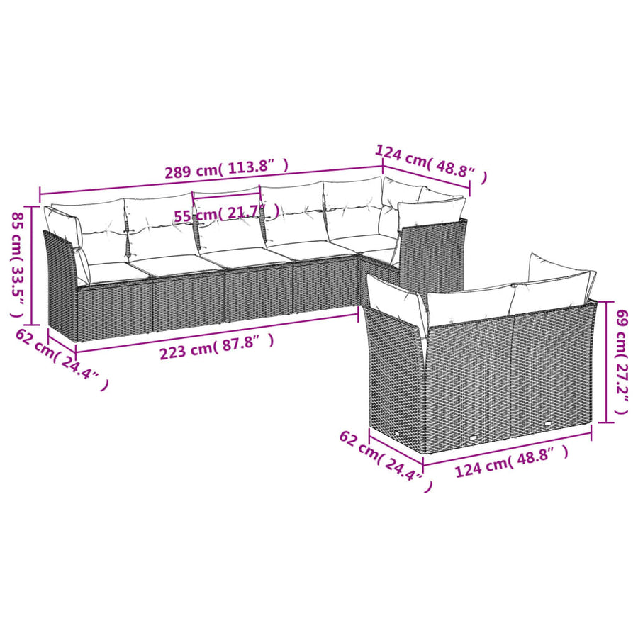 8-delige Loungeset met kussens poly rattan zwart 1 Zwart en crème