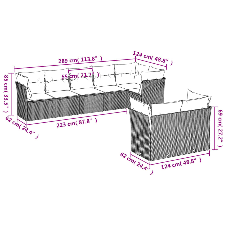 8-delige Loungeset met kussens poly rattan bruin 1 Bruin en crème