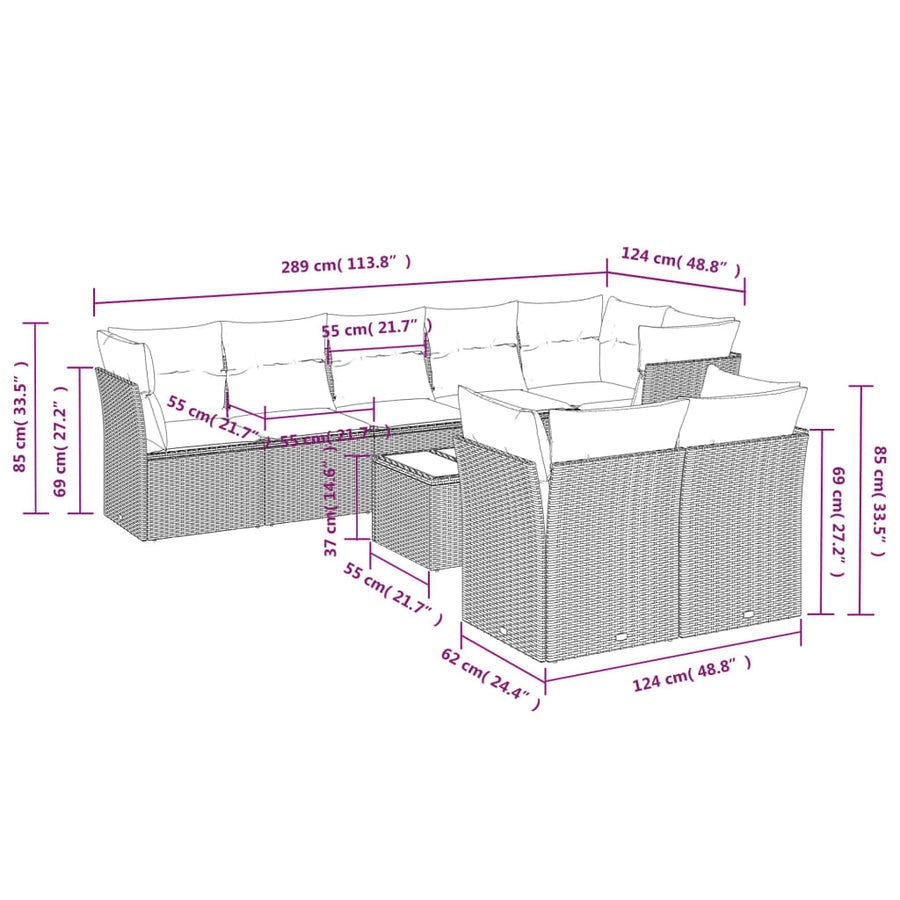 9-Delige Loungeset Met Kussens Poly Rattan Zwart