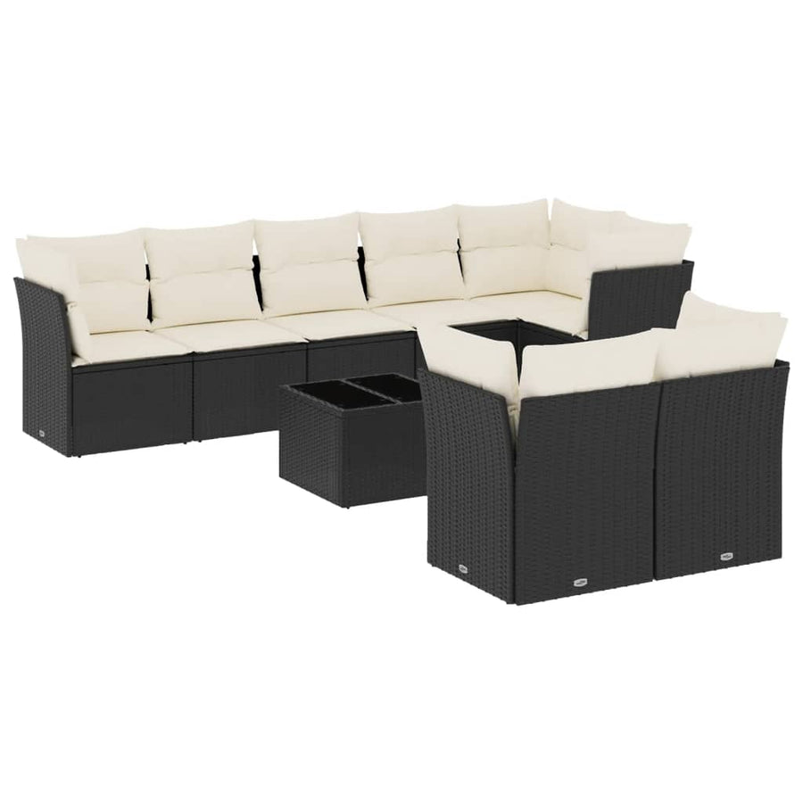 9-delige Loungeset met kussens poly rattan zwart Zwart en crème Met tafel