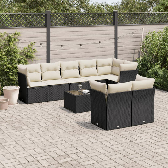 9-delige Loungeset met kussens poly rattan zwart Zwart en crème Met tafel