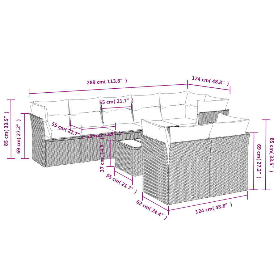 9-Delige Loungeset Met Kussens Poly Rattan Beige