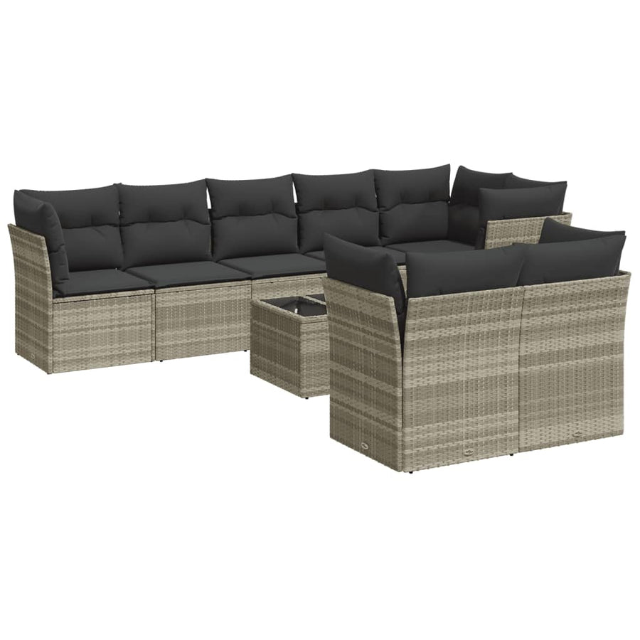 9-delige Loungeset met kussens poly rattan lichtgrijs