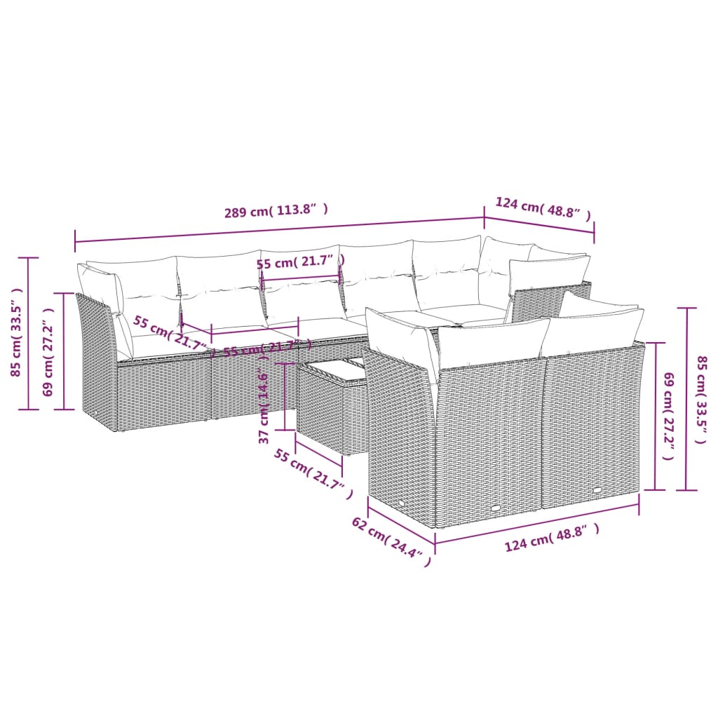 9-delige Loungeset met kussens poly rattan lichtgrijs
