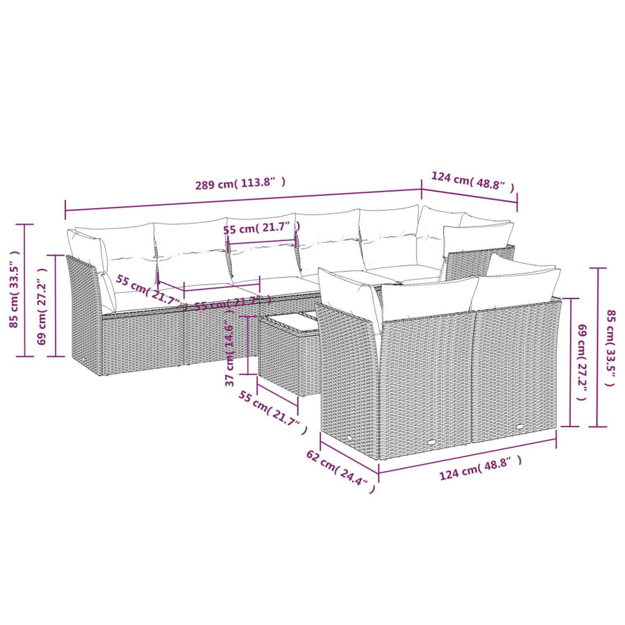 9-delige Loungeset met kussens poly rattan lichtgrijs