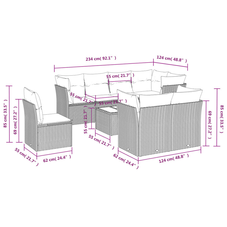 9-Delige Loungeset Met Kussens Poly Rattan Zwart