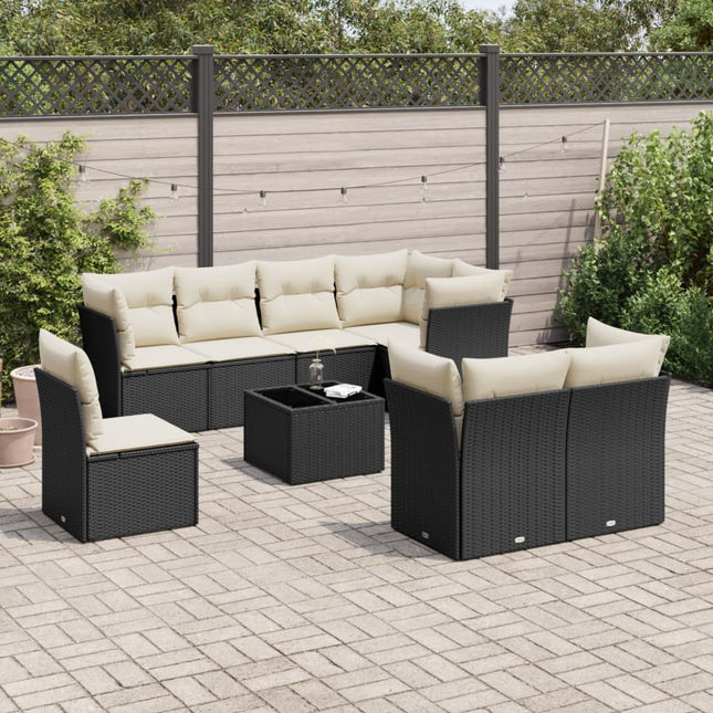 9-delige Loungeset met kussens poly rattan zwart Zwart en crème Met tafel