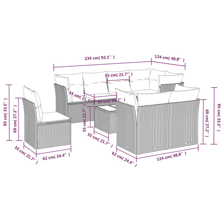 9-delige Loungeset met kussens poly rattan bruin