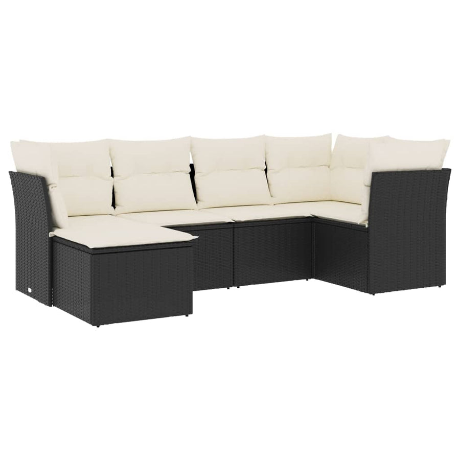 6-delige Loungeset met kussens poly rattan zwart 1 Zwart en crème