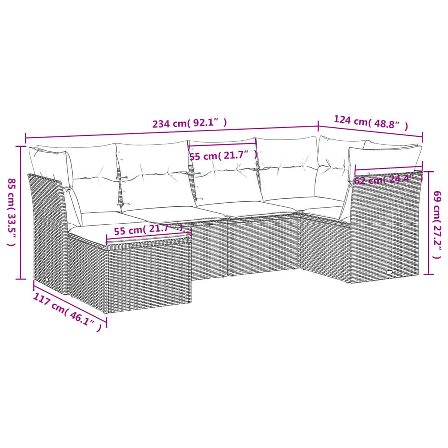6-delige Loungeset met kussens poly rattan zwart 1 Zwart en crème