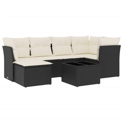 7-delige Loungeset met kussens poly rattan zwart Zwart en crème Met tafel