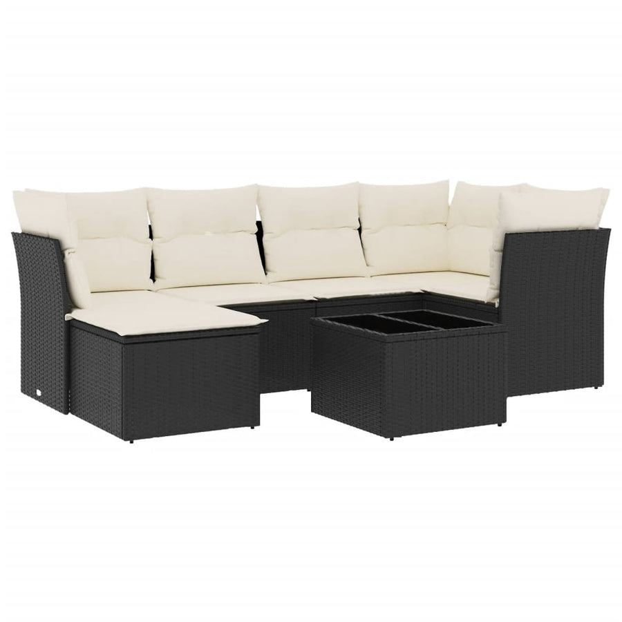7-delige Loungeset met kussens poly rattan zwart Zwart en crème Met tafel