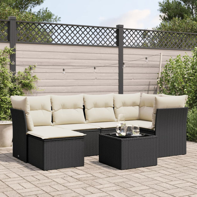 7-delige Loungeset met kussens poly rattan zwart Zwart en crème Met tafel