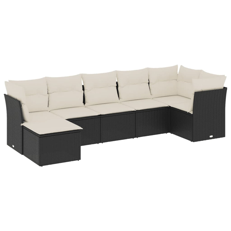 7-delige Loungeset met kussens poly rattan zwart Zwart en crème Zonder tafel