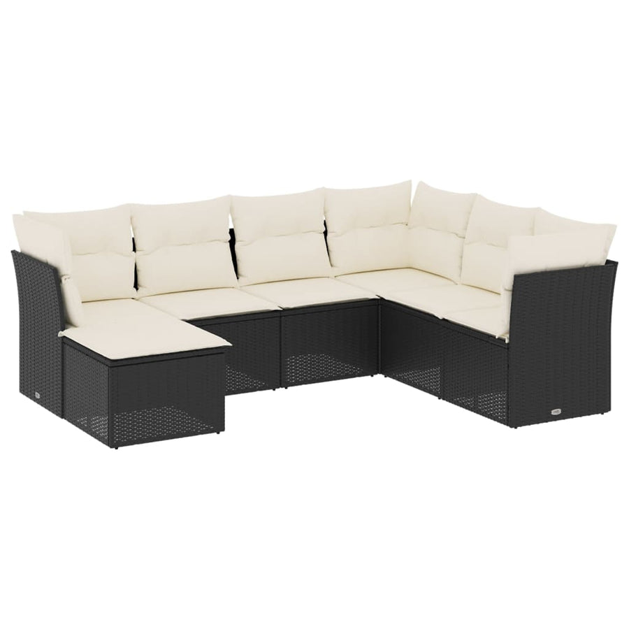 7-delige Loungeset met kussens poly rattan zwart Zwart en crème Zonder tafel