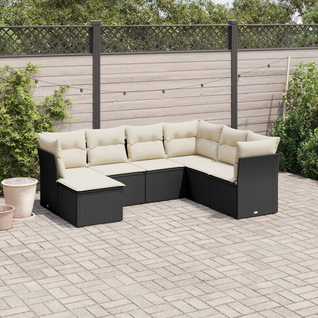 7-delige Loungeset met kussens poly rattan zwart Zwart en crème Zonder tafel