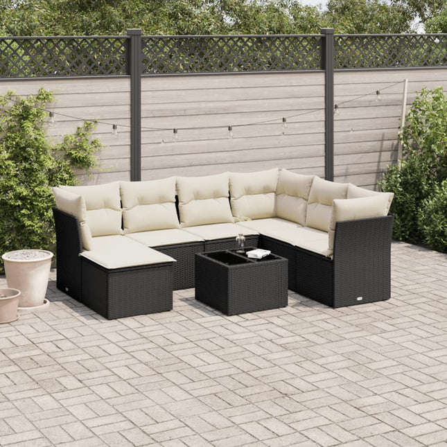 8-delige Loungeset met kussens poly rattan zwart 1 Zwart en crème