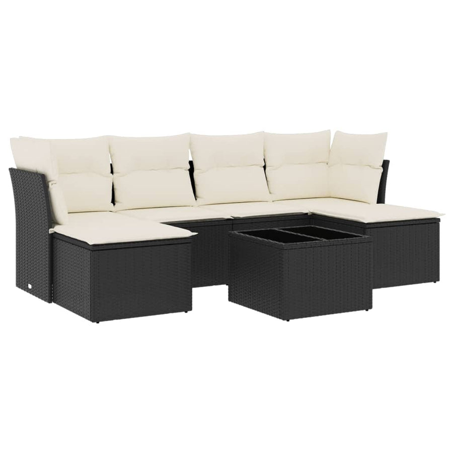 7-delige Loungeset met kussens poly rattan zwart 1 Zwart en crème
