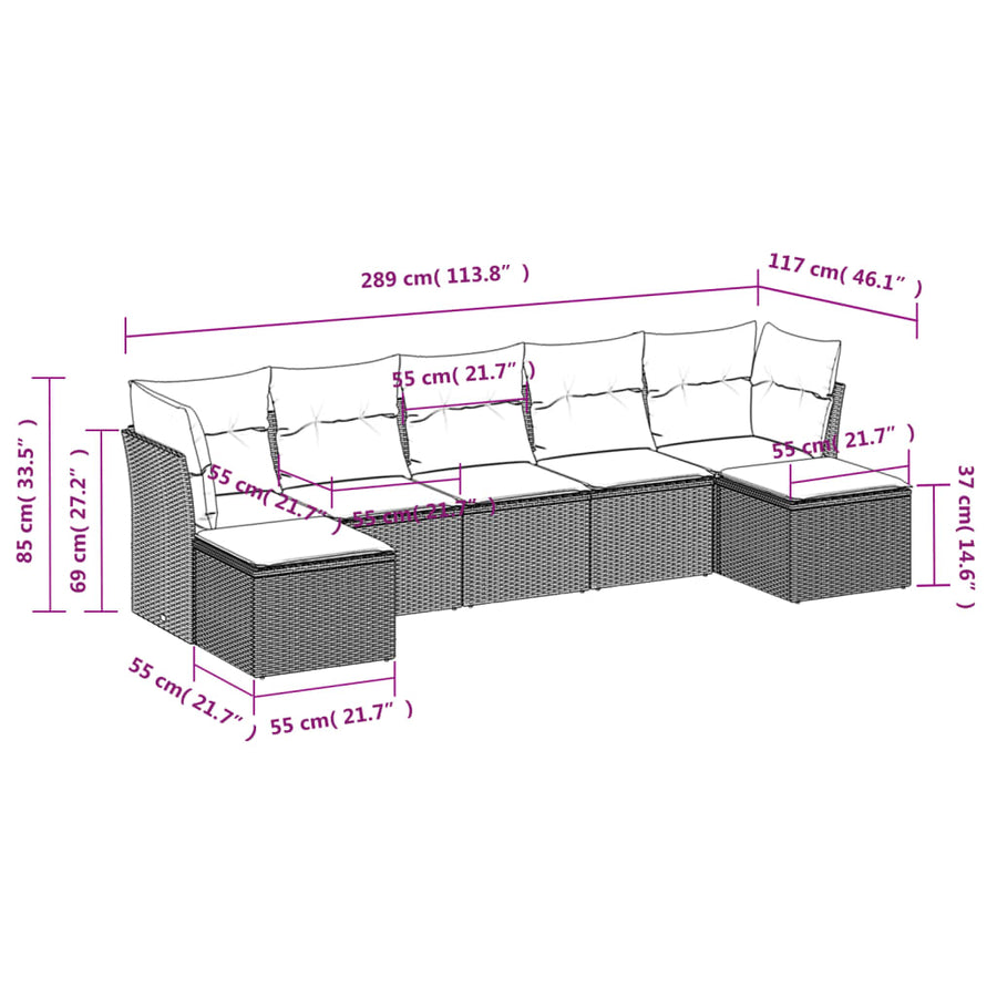 7-delige Loungeset met kussens poly rattan bruin