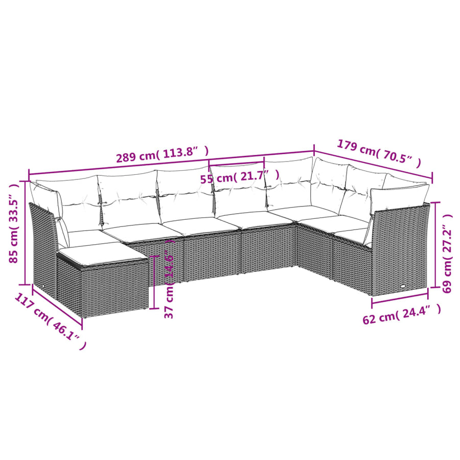 8-delige Loungeset met kussens poly rattan lichtgrijs