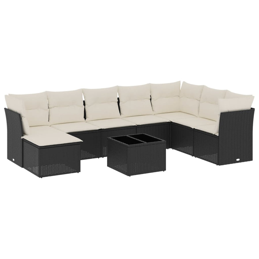 9-delige Loungeset met kussens poly rattan zwart 1 Zwart en crème