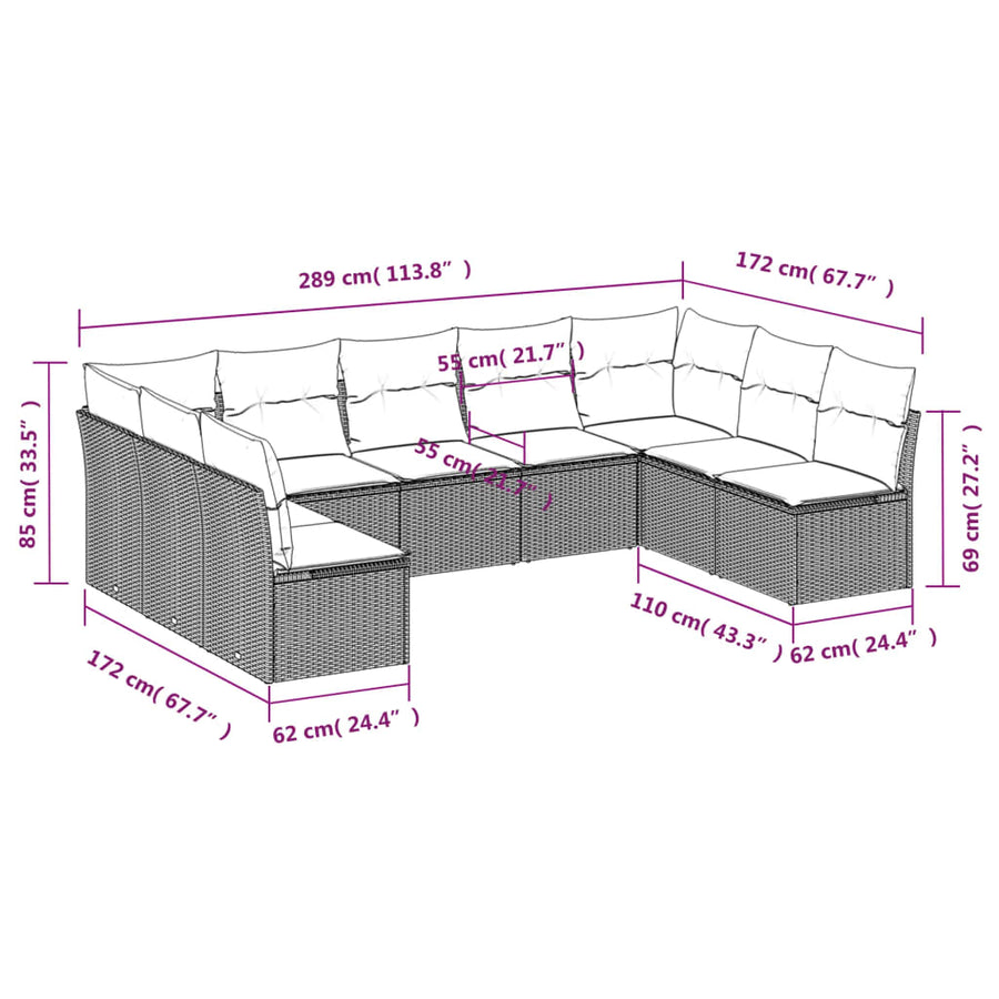 9-Delige Loungeset Met Kussens Poly Rattan Zwart