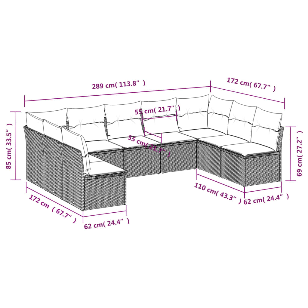 9-Delige Loungeset Met Kussens Poly Rattan Zwart