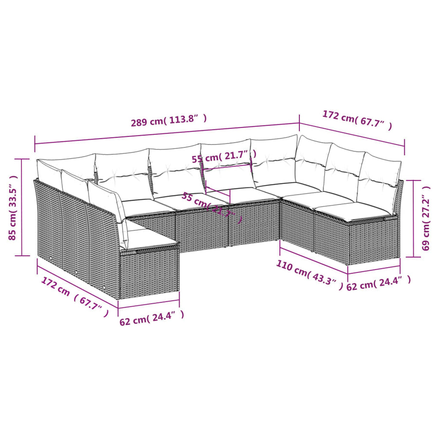 9-Delige Loungeset Met Kussens Poly Rattan Zwart