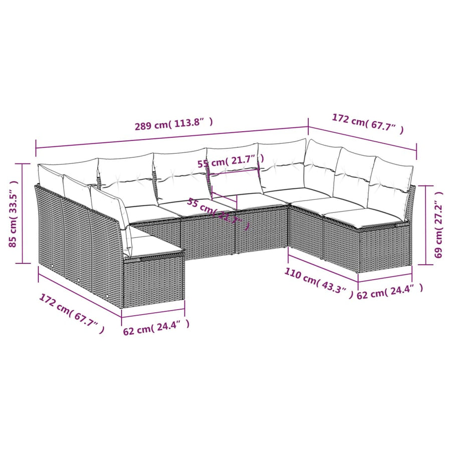 9-Delige Loungeset Met Kussens Poly Rattan Grijs