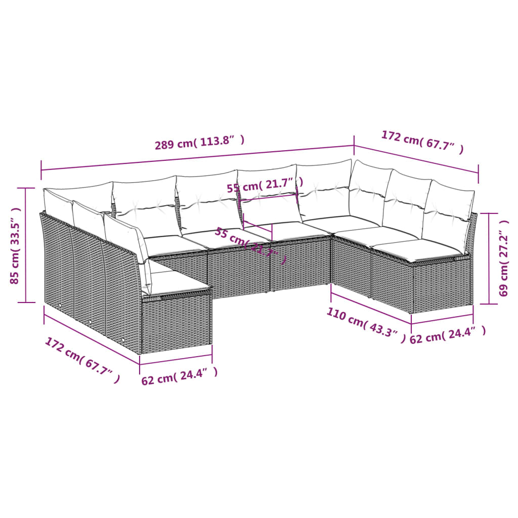 9-delige Loungeset met kussens poly rattan lichtgrijs
