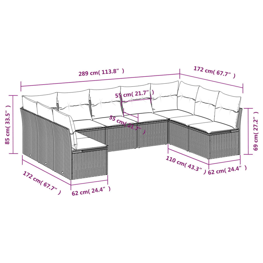 9-delige Loungeset met kussens poly rattan lichtgrijs