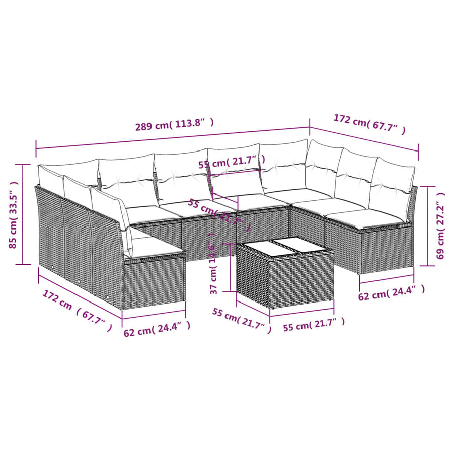 10-Delige Loungeset Met Kussens Poly Rattan Zwart