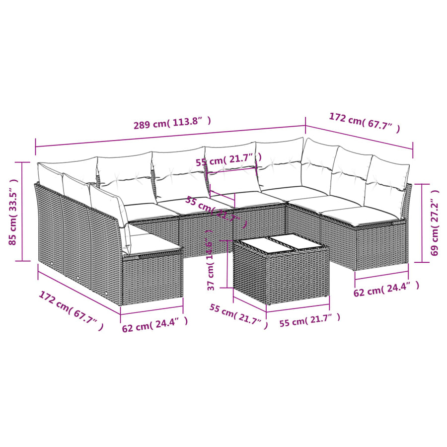 10-Delige Loungeset Met Kussens Poly Rattan Beige