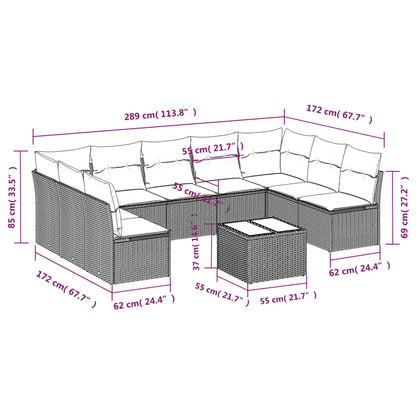 10-delige Loungeset met kussens poly rattan lichtgrijs