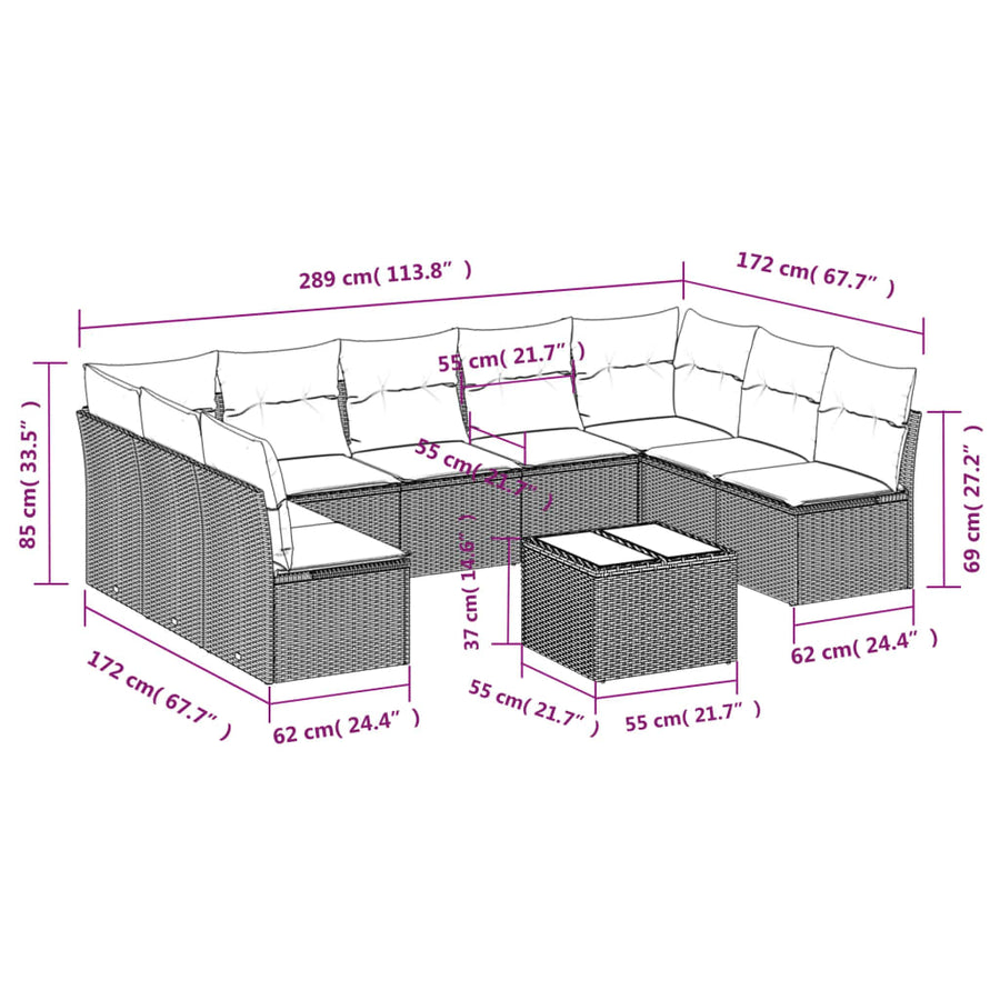 10-delige Loungeset met kussens poly rattan lichtgrijs