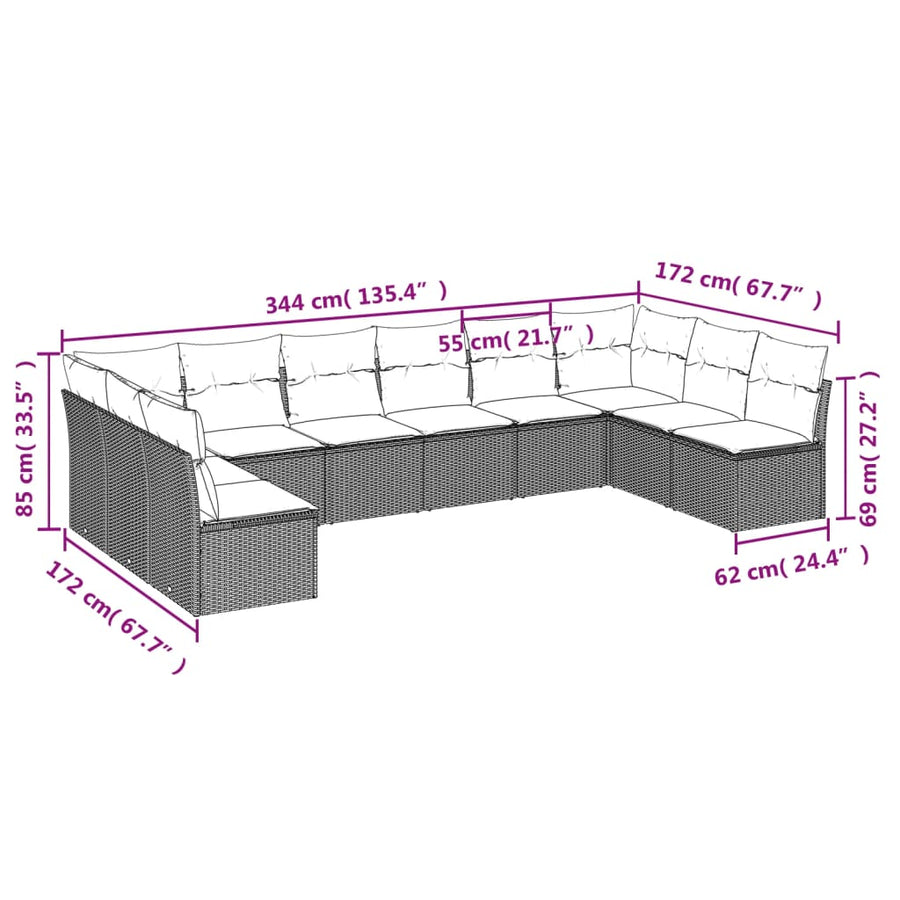 10-Delige Loungeset Met Kussens Poly Rattan Zwart