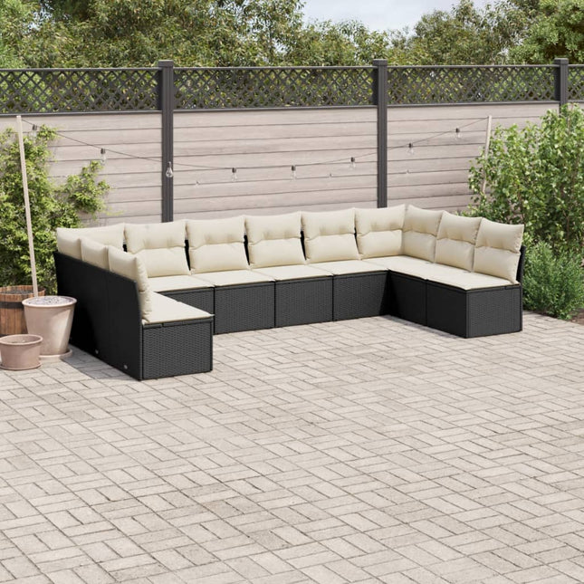 10-delige Loungeset met kussens poly rattan zwart Zwart en crème