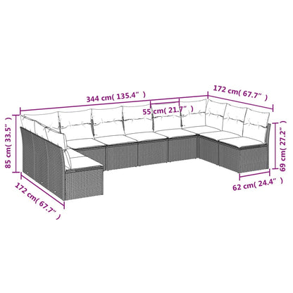 10-delige Loungeset met kussens poly rattan bruin Bruin en crème