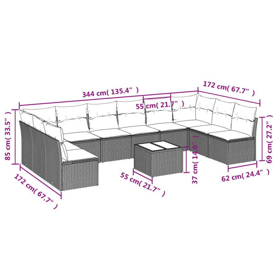 11-Delige Loungeset Met Kussens Poly Rattan Zwart